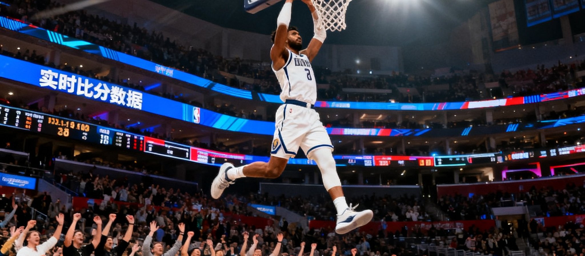 NBA级别篮球馆内，一名球员完成空中接力扣篮的瞬间，球馆内巨型LED屏幕闪烁着实时比分数据，观众席爆发出热烈欢呼